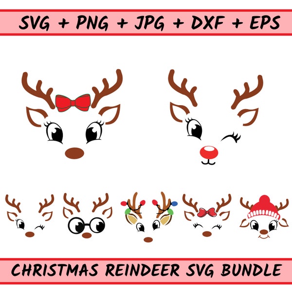 30 Reindeer Faces SVG, Christmas Reindeer SVG, Boy Reindeer Svg, Christmas 2023 SVG, Rudolph Face Svg, Cute Reindeer Face Cricut Svg Png Eps