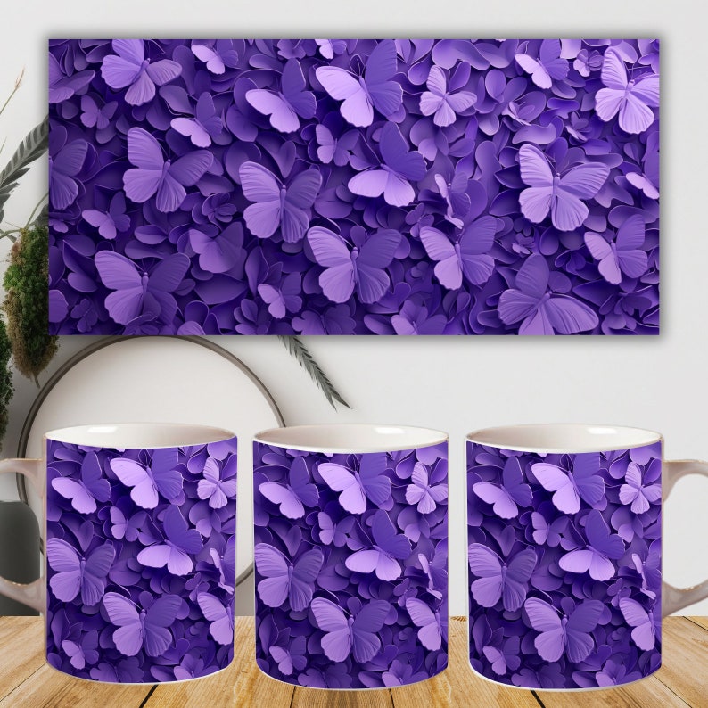 May include: Three white ceramic mugs with a purple butterfly pattern. The mugs are arranged in a row, with the leftmost mug having a handle on the left side, the middle mug having no handle, and the rightmost mug having a handle on the right side.