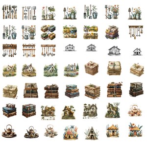 May include: A collection of watercolor illustrations featuring various themes, including gardening, home decor, and books. The illustrations are in a vintage style and feature a variety of colors, including green, blue, brown, and white.