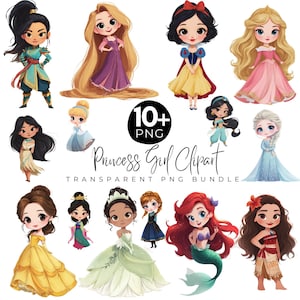 May include: A collection of cartoon princess clipart in various poses and outfits. The princesses are depicted with large eyes and detailed clothing. The image includes the text "10+ PNG" and "Princess Girl Clipart - Transparent PNG Bundle."