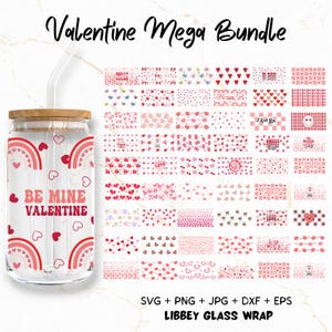Puede incluir: Un conjunto de 30 diseños temáticos de San Valentín para una envoltura de vidrio Libbey. Los diseños presentan corazones, labios y otros símbolos románticos en rosa, rojo y blanco. Los diseños son perfectos para agregar un toque festivo a tus celebraciones del Día de San Valentín.