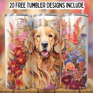 3D Dog 20oz Tumbler Wrap Bundle, Floral  Dog png, Dog Sublimation Tumbler, Dog lover png, Seamless Floral Dog Wrap, Cute 3D Dog Tumbler Wrap