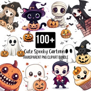 100 Gruselige Halloween Cartoon Clipart Bundle, niedlicher gruseliger Cartoon Png, Hexe, Geist, Halloween Katze, Kawaii Mumie, digitaler Download
