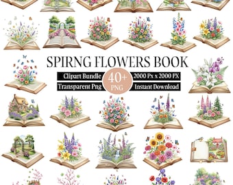 40+ Frühlingsblumen Buch Clipart PNG Bundle, Blumen Buch Seiten Ästhetik Set, Aquarell Garten Png, Junk Journal Bilder, digitaler Download