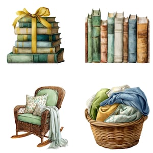 May include: Watercolor illustration featuring a stack of books tied with a yellow ribbon, a row of vintage books, a wicker rocking chair with cushions and a blanket, and a wicker basket filled with folded clothes.