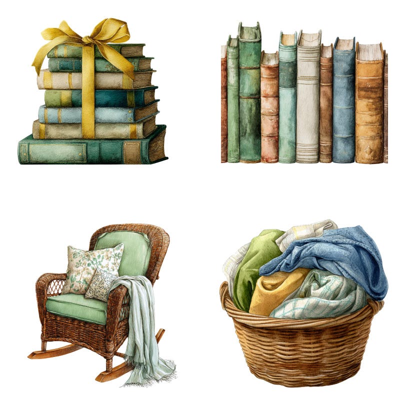 May include: Watercolor illustration featuring a stack of books tied with a yellow ribbon, a row of vintage books, a wicker rocking chair with cushions and a blanket, and a wicker basket filled with folded clothes.