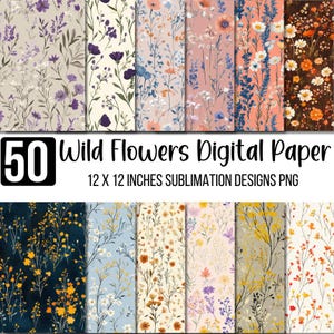 50 Wildblumen Digital Papier Bundle, Florale nahtlose Muster, Aquarell Blume Hintergrund, Scrapbook Papiere, Sommer Clipart, Frühling Floral