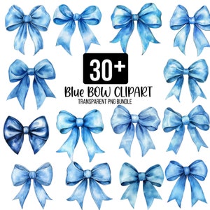 30+ Aquarell Blau Bögen Clipart PNG Bundle, süße Schleife Spitze, Seide Kokette Bogen Designs, Girly Clipart, digitale Dateien