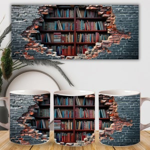 May include: A white ceramic mug featuring a design of a brick wall with a bookshelf behind it. The bookshelf is filled with books of various colours and sizes.