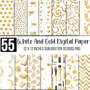 55 White and Gold Digital Paper Bundle, Seamless Pattern, Gold Damask, Scrapbook Paper, Gold Patterns, Invitation Backgrounds, Digital PNG