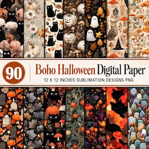 90 Carta senza cuciture Boho Halloween, Carta digitale Halloween femminile, Stampa pipistrello glitterata carina, Modelli junk journal da strega, Sfondo gotico