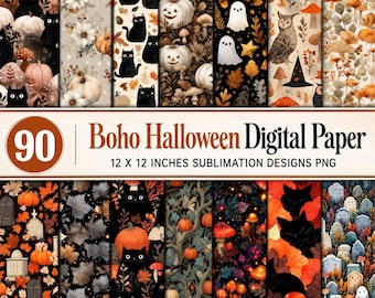 90 nahtlose Boho-Halloween-Papiere, mädchenhaftes Halloween-Digitalpapier, niedlicher Glitzerfledermaus-Print, hexenhafte Junk-Journal-Muster, gotischer Hintergrund