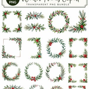 Julramar Clipart, vinterbotaniskt PNG-paket, julramar, högtidskrans PNG, blommiga ramar, digital nedladdning