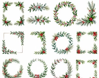May include: A digital collection of 50 winter frames clipart featuring watercolor illustrations of evergreen branches, pine needles, and red holly berries arranged into various circular wreaths, corner accents, and rectangular border designs.