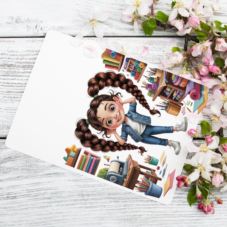 May include: A cartoon illustration of a character with long brown braided pigtails wearing a blue denim jacket, white shirt, and blue jeans. The character is surrounded by various craft supplies, including colourful yarn, books, and a sewing machine.