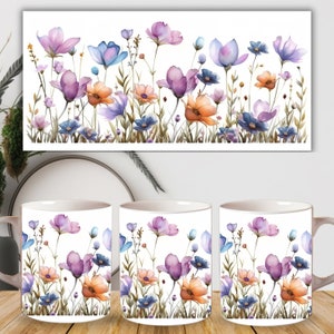 Conceptions de sublimation de tasse de fleurs sauvages, tasse florale d'aquarelle de 15 oz wraps png, conceptions de modèle de tasse de ressort, conception de sublimation de tasse de fleur