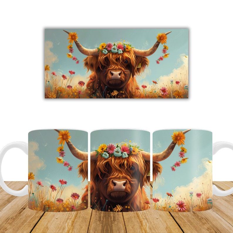 Puede incluir: Una taza de cer&aacute;mica blanca con una ilustraci&oacute;n colorida de una vaca de las tierras altas con una corona de flores. La vaca est&aacute; de pie en un campo de flores silvestres contra un cielo azul.