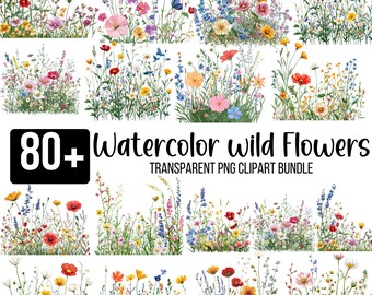 80+ Wildflower Clipart Bundle, Watercolor Wildflower Png, Wildflower Meadow, Watercolor Flower, Scrapbook, Junk Journal, Digital Download