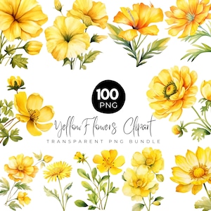 100 Yellow Floral Clipart Png Bundle, Watercolor Yellow Flowers Png, Wedding Flower Sublimation, Yellow Green Flower, Digital Download
