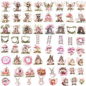 Op de afbeelding: Een verzameling aquarel illustraties met grillige fee&euml;nhuizen, paddenstoelen, bosdieren en fee&euml;n. Het kleurenpalet omvat zachte roze, groene en bruine tinten. Ideaal voor scrapbooking, kaarten maken of andere knutselprojecten.