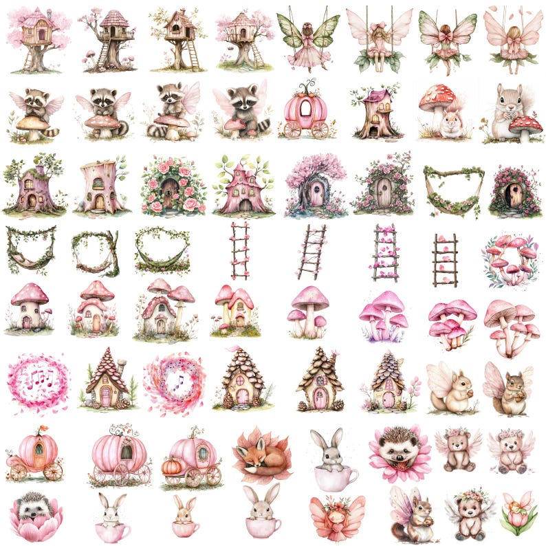 Op de afbeelding: Een verzameling aquarel illustraties met grillige fee&euml;nhuizen, paddenstoelen, bosdieren en fee&euml;n. Het kleurenpalet omvat zachte roze, groene en bruine tinten. Ideaal voor scrapbooking, kaarten maken of andere knutselprojecten.