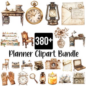 380+ Planner Clipart Bundle, Retro Desk and Clock PNG, Antique Books & Lamp Clipart, Planner Girl PNG, Digital Dowload