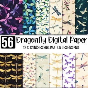 Könnte beinhalten: Eine Sammlung von 56 digitalen Papierdesigns mit Libellen. Die Designs zeigen Libellenillustrationen in Farben wie Lila, Blau, Gold und Grün. Jedes Design ist 30,48 x 30,48 cm groß.