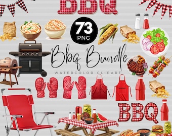 Paquete de 73 imágenes prediseñadas de barbacoa en acuarela, imágenes prediseñadas de barbacoa en formato PNG, imágenes prediseñadas de fiesta a la parrilla, acuarela de barbacoa de verano, imágenes prediseñadas de comida, descarga digital