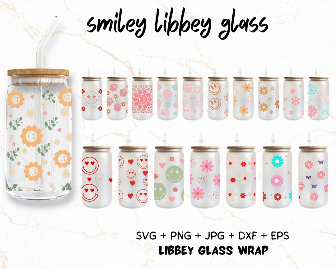19 Smiley Libbey Glass SVG, 16oz Smiley Face Libbey Can Wrap Svg ...
