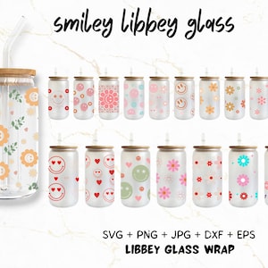 19 Smiley Libbey Glass SVG, 16oz Smiley Face Libbey Can Wrap svg, Groovy Svg, Smiley Beer can, Coffee Glass Wrap svg, Floral Wrap svg,