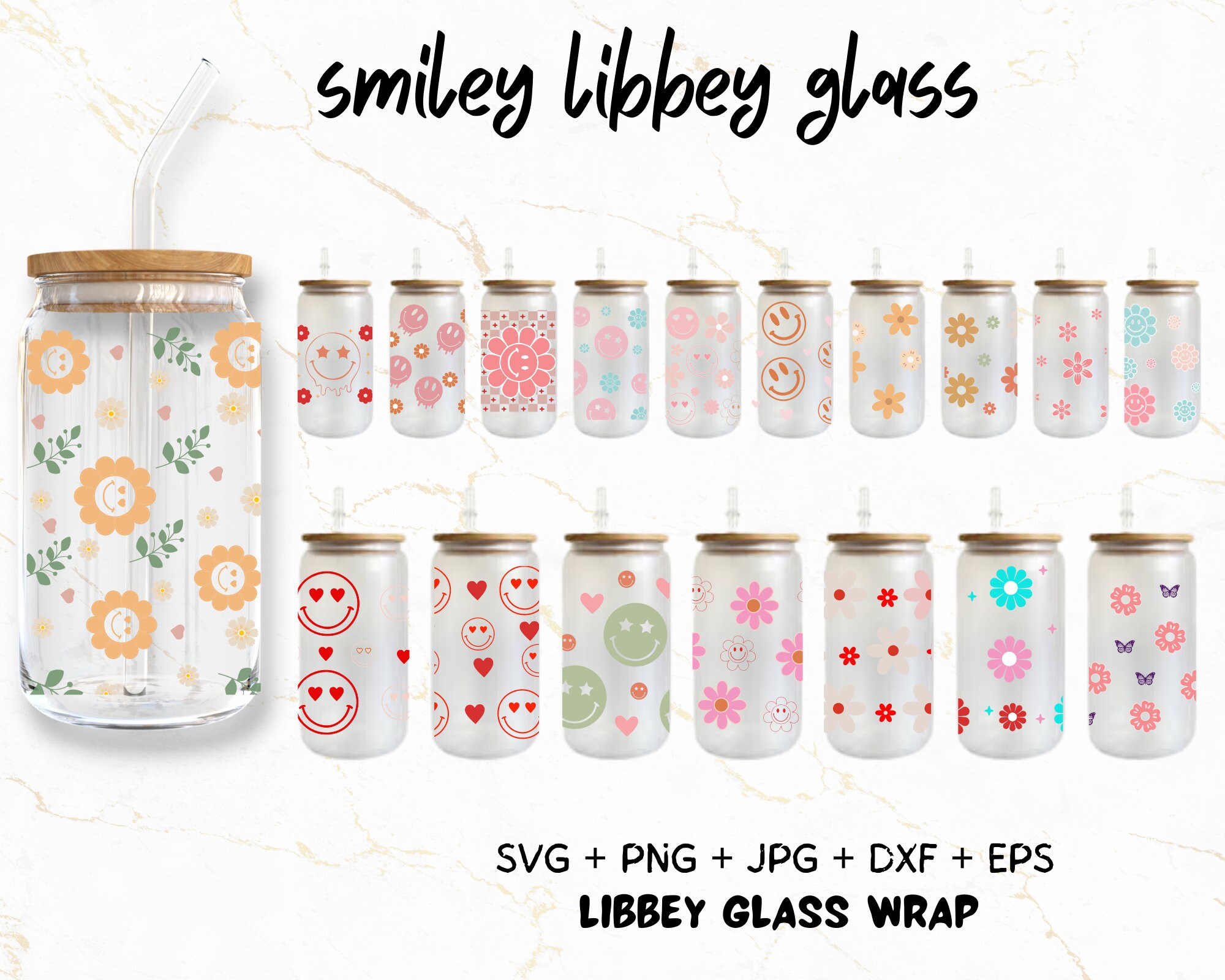 19 Smiley Libbey Glass SVG, 16oz Smiley Face Libbey Can Wrap Svg ...