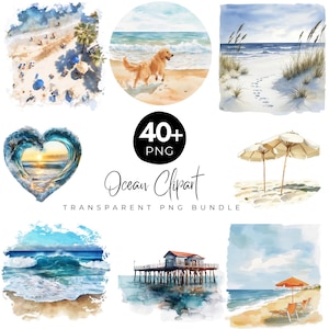 Plus de 40 Bundle de cliparts aquarelle océan, vagues de la plage, aquarelle océan Art PNG, paysage de bord de mer, art scène de plage, océan coucher de soleil PNG
