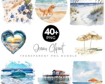 40+ Watercolor Ocean Clipart Bundle, Beach Waves, Watercolor Ocean Art PNG, Seaside Landscape, Beach Scene Art, Ocean Sunset PNG