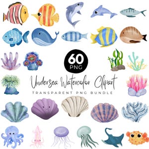 Pakiet 60 podwodnych akwarelowych clipartów, wystrój pokoju dziecięcego, urocze zwierzęta oceaniczne PNG, baby shower, ośmiornica, meduza, wieloryb, konik morski