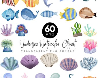 60 Unterwasser Aquarell Clipart Bundle, kinderzimmerdekor, niedliche Meerestiere PNG, Babyparty, Krake, Qualle, Wal, Seepferdchen