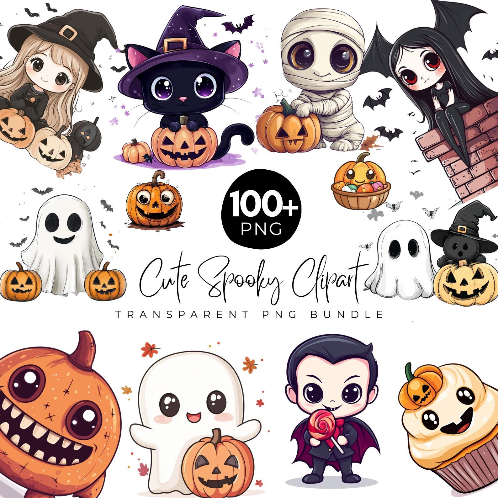 100 Spooky Halloween Cartoon Clipart Bundle, Cute Spooky Cartoon Png, Witch, Ghost, Halloween Cat, Kawaii Mummy, Digital Download