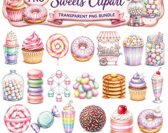 Könnte beinhalten: Eine digitale Sammlung von über 100 Aquarell-Süßigkeiten-Cliparts mit Cupcakes, Donuts, Lollis, Macarons, Bonbongläsern, einem Kaugummiautomaten, einem Popcornwagen und einem Riesenrad, alles in einer pastellfarbenen Palette mit Text.