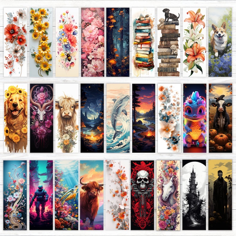 May include: A selection of illustrated bookmarks with diverse themes. Designs include flowers, animals, fantasy creatures, and landscapes. Each bookmark is rectangular with a white background and colourful artwork.