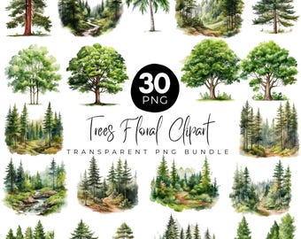 Watercolor Forest Trees Clipart, Pine Trees Png, Greenery clipart, Watercolor Tree, Woodland Trees, Forest Landscape, Digital Download