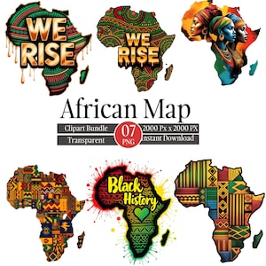 Peut inclure: Plusieurs modèles de cartes d'Afrique avec des motifs vibrants et les textes "WE RISE" et "Black History". Le lot de cliparts comprend des images de femmes africaines et des motifs africains traditionnels. Les images sont étiquetées "African Map Clipart Bundle 07 PNG".