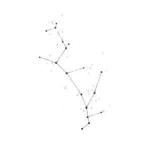 May include: A black and white illustration of a constellation against a white background. The constellation is depicted with connected dots and lines, with small speckles scattered around the design. The overall aesthetic is minimalist and artistic.