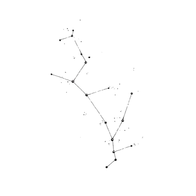May include: A black and white illustration of a constellation against a white background. The constellation is depicted with connected dots and lines, with small speckles scattered around the design. The overall aesthetic is minimalist and artistic.