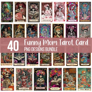 Pacote de 40 cartas de tarô engraçadas para mães PNG, design de sublimação de mãe esqueleto, mamãe caveira com vibrações de bruxa, pacote de clipart de esqueleto, arquivo digital