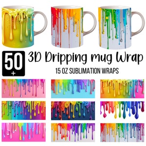 3D Rainbow Dripping Paint Mug Wrap Bunlde, 15oz Dripping Mug Png, 3D Mug Sublimation Design, Dripping Paint Mug, Rainbow Mug Wrap png