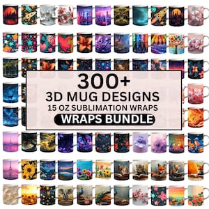 May include: A collage of 300+ colourful 3D mug designs for sublimation wraps. The designs feature a variety of themes, including animals, flowers, and abstract patterns. The text "300+ 3D Mug Designs 15 oz Sublimation Wraps Wraps Bundle" is displayed in the centre of the image.