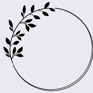 May include: A black and white floral wreath with a circle in the center. The wreath is made of leaves and branches.