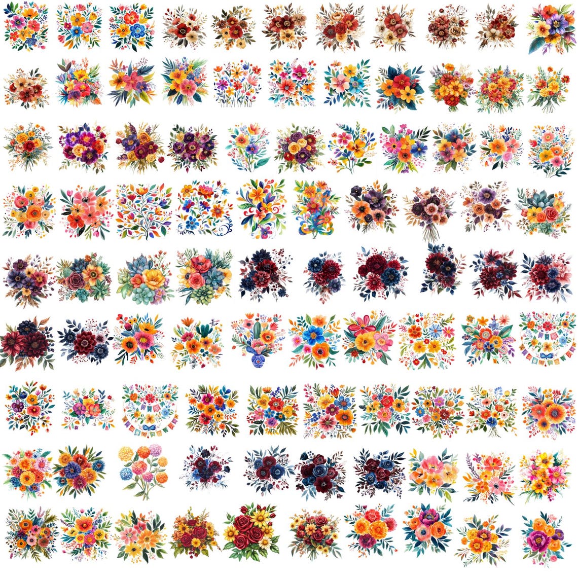 93 Fiesta Flowers Clipart Bundle, Bright Watercolor Floral PNG Bundle ...