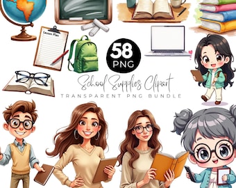 School Supplies Clipart Bundle, Teacher and Student Clipart PNG, Classroom Illustration, Cute School Characters, Back to School Elements Png