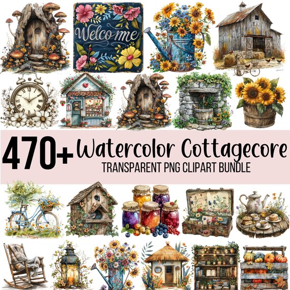 470+ Cottagecore Clipart Bundle, Watercolor Spring Cottagecore PNG, Countryside Nature Graphics, Cottage Book Images, Cozy Bookworm Graphics