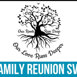 Árbol genealógico con cita SVG, reunión familiar SVG, árbol de la vida SVG, Nuestro amor es más profundo, Nuestras raíces son profundas, Árbol con raíces SVG